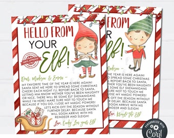 May include: A printable Christmas elf letter template with a red and white striped background. The letter says "Hello from your elf!" and "From your elf!" with a cute elf illustration. The text is editable and includes instructions to download, edit, and print.