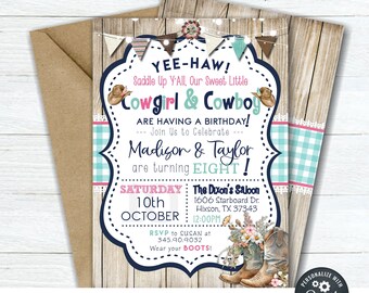 Editable Twin Cowboy Cowgirl Birthday Invitation: Western Theme (DIY Corjl Template) #BP156