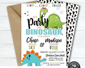 Editable Siblings Dinosaur Birthday Invitation, Dinosaur Birthday Template, Joint Birthday Dinosaur Invitation, DIY Edit with Corjl - #BP88