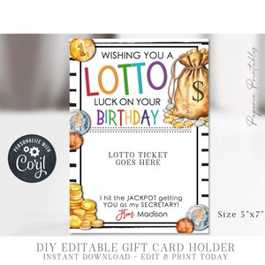 EDITABLE Lotto Secretary Birthday Gift Ticket Holder, Wishing you a LOTTO luck Birthday Lotto Ticket Holder Printable, DiY w/Corjl #BC06 (2)