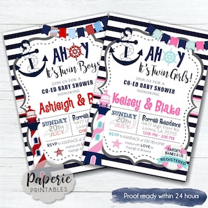 Twins Nautical Baby Shower Invitation - Little Sailors Baby Shower - Ahoy Baby Shower Invitation - Boy, Girl, Gender Neutral & Twins -