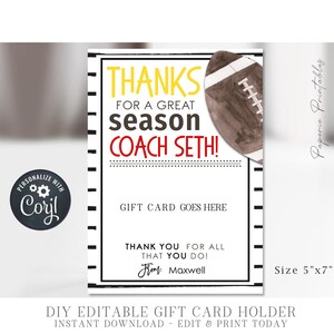 EDITABLE Football Coach Appreciation Gift Card Holder, Coach Appreciation Gift, Football Coach Gift Printable, Corjl - DIY w/Corjl, #CO15