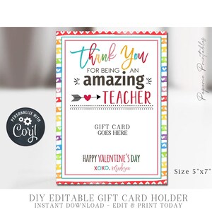 EDITABLE Teacher Valentine's Day Gift Card Holder, Thanks for being an AMAZING Teacher, Gift Card Holder Printable, Teacher Valentine #VT83