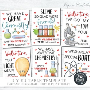 EDITABLE Science Valentine Cards, Kid Valentine Cards, School Valentine Tag, Printable Valentines, Chemistry Printbles, DIY with Corjl #VT75