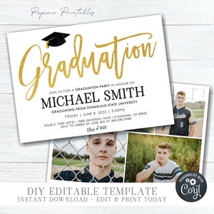 Gold Foil Graduation Party Invitation: Photo Card Template (DIY Corjl) #GP10