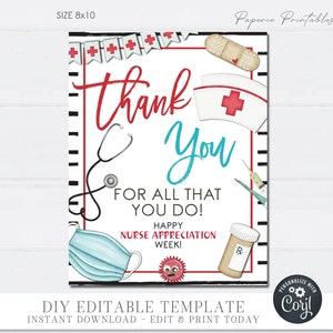 EDITABLE Nurse Appreciation Sign, THANK YOU for All You Do Nurse Sign ...