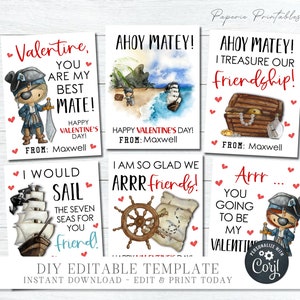 EDITABLE Pirate Valentine Cards, Kid Valentine Cards, School Valentine Tags, Pirate Valentines, Printable Valentines, DIY Corjl - #VT86