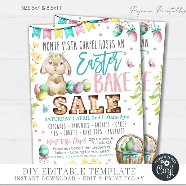 EDITABLE Easter Bake Sale Flyer,  Printable Easter Event Flyer, Easter Sale Flyer, Community Easter Bake Sale Fundraiser - DIY Corjl #EAF08