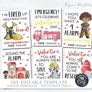 EDITABLE Fire Fighter Valentine Cards, Kid Valentine Cards, School Valentine Tags, Fire Fighter Tags, Printable Valentines, DIY Corjl #VT85