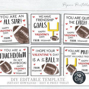 EDITABLE Kids Valentine Cards, Football Valentine Cards, School Valentine Tags, Printable Valentine Cards, Football, DIY Corjl - #VT43(6)