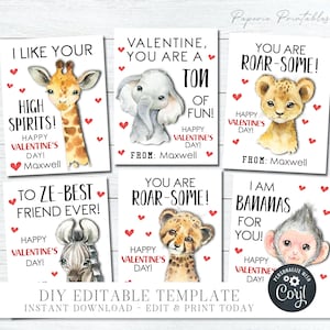 EDITABLE Jungle Valentine Cards, Wild Animals Valentine Cards, School Valentine Tags, Printable Valentines, Animals, DIY with Corjl - #VT61