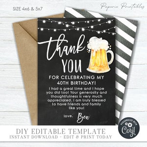 EDITABLE Cheers and Beers Birthday Thank You Card, Adult Birthday Thank You, Male Birthday Thank You, Thank You Card - DIY Edit Corjl #BP122