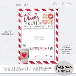 Valentinstag Lehrer Geschenkkartenhalter, Dank einer LATTE Geschenkkarte druckbar, Mitarbeiter Wertschätzung Valentine Geschenkkartenhalter - AS-IS #VT24