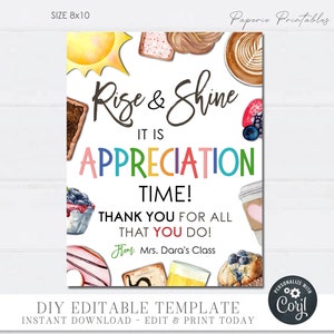 EDITABLE Rise & Shine Teacher Appreciation Sign, Teacher Appreciation Breakfast Sign, Breakfast Teacher Appreciation, DIY with Corjl #TAS03