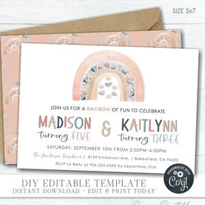 Boho Rainbow Birthday Invitation: Editable Sisters Party Invite (Digital Download) #BP160