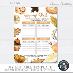 Editable Thanksgiving Potluck Sign Up Sheet, Potluck Sign Up Sheet, Potluck Sign Up Form, Friendsgiving Potluck Sign Up, DIY w Corjl #TG (2)