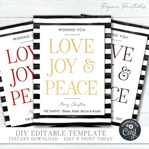 EDITABLE Love, Joy and Peace Christmas Card, No Photo Christmas Card, Gold Foil Christmas Card, Business Christmas Card - DIY w/Corjl #CC107