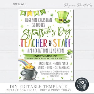 Editable St. Patrick&#39;s Day Teacher Appreciation Luncheon Flyer (Digital Download)