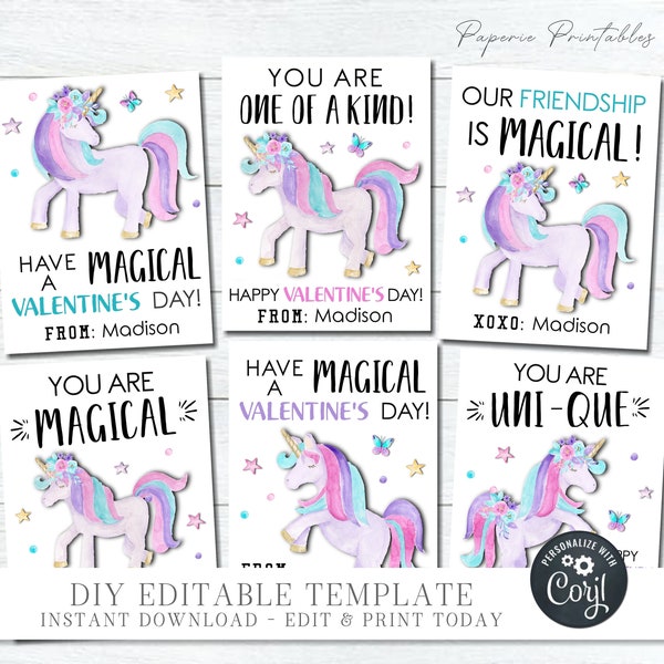 EDITABLE Unicorn Valentine Cards, Kid Valentine Cards, School Valentine Tags, Printable Valentines, Unicorn Printbles, DIY with Corjl #VT70