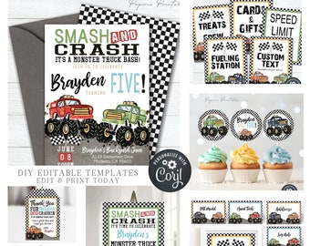 EDITABLE Monster Truck Birthday Bundle, DIY Monster Truck Birthday Party Printables - Invitation - Thank You Card - DIY Edit Corjl - #BP10