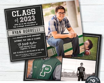 May include: A black and white graduation announcement with a chalkboard background. The announcement reads "Class of 2023" and includes the graduate's name, Ryan Borrelli, and graduation details. The announcement features three photos of the graduate.