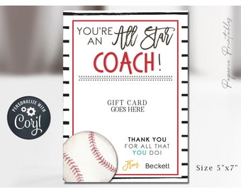 Baseball Coach Gift Card Holder: Editable Appreciation Card (Digital Download)