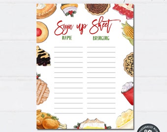 Puede incluir: Una hoja de inscripción imprimible blanca con un diseño festivo. La hoja presenta las palabras "Sign up Sheet" en escritura roja, con espacios para "Name" y "Bringing". Está decorada con ilustraciones de acuarela de varios alimentos, incluyendo pastel y pavo.