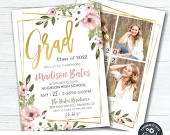 Floral Graduation Invitation: Class of 2023, Gold Foil (DIY Editable Template) #GP21