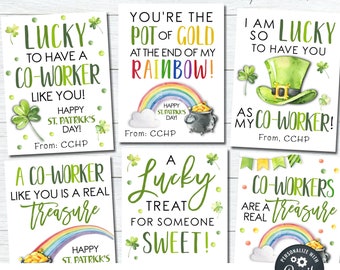 May include: Printable St. Patrick's Day cards with green shamrocks, rainbows, and gold coins. The cards feature messages like "Lucky to have a co-worker like you!" and "You're the pot of gold at the end of my rainbow!"