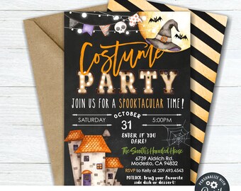 May include: A printable Halloween party invitation with a black chalkboard background. The invitation features a witch's hat, a moon, and a haunted house. The text reads "Costume Party" and "Join us for a Spooktacular Time!" with the date and time of the party.