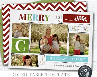 EDITABLE Christmas Photo Card -  4 Photo Layout - Merry Christmas Photo Card - Red & Green Christmas Template - DIY Edit with Corjl - #CC08