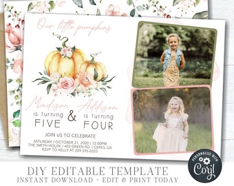 Sisters Pumpkin Birthday Invitation: Editable Fall Twins Birthday Template (Digital Download)