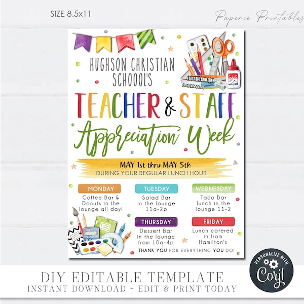 EDITABLE Teacher Appreciation Week Flyer, School Staff Appreciation Week Schedule Events Flyer, Teacher Appreciation, DIY with Corjl #TAF02