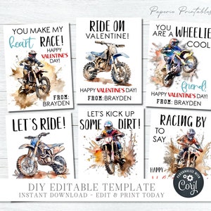 EDITABLE Dirt Bike Valentine Cards, Motocross Valentine Cards, School Valentine Tags, Printable Valentines, Dirt Bike, DIY Corjl- #VT112