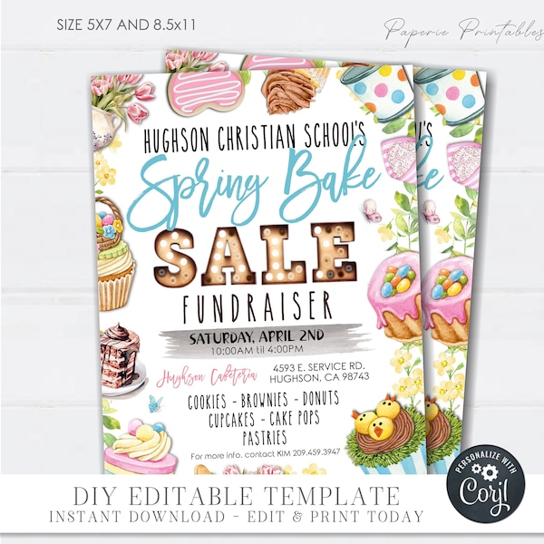 EDITABLE Spring Bake Sale Fundraiser Flyer, Spring Bake Sale Flyer, Bake Sale Fundraiser Flyer, Digital Printable - DIY with Corjl - #FLYR01