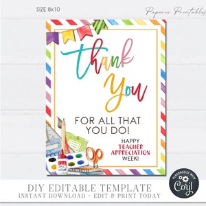 Editable Teacher Appreciation Sign: Thank You Gift (DIY Corjl, 8x10, Digital Download)