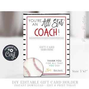 EDITABLE Baseball Coach Appreciation Gift Card Holder, Coach Appreciation Gift, Coach Gift Printable, Corjl - DIY with Corjl, #CO03 (2)