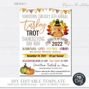 Editable Turkey Trot Flyer: Thanksgiving Day Run Event (DIY Corjl) #TG37