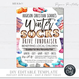 May include: A printable flyer for a winter sock drive fundraiser at Hughson Christian School. The flyer features a watercolor illustration of colorful socks and the text "Winter Socks Drive Fundraiser" in a bold, decorative font. The flyer also includes the dates of the fundraiser, October 1st through November 5th, and the address of the school.