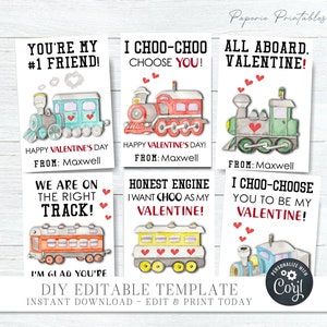 Editable Train Valentine Tags, Kids Valentine Cards, School Valentine Tags, Choo Choo Train Valentine Cards - DIY with Corjl - #VT10