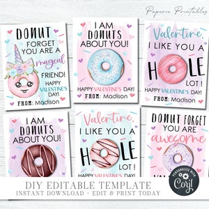 EDITABLE Donut Valentine Cards, Kid Valentine Cards, School Valentine Tags, Printable Valentines, Donut Printbles, DIY with Corjl - #VT88