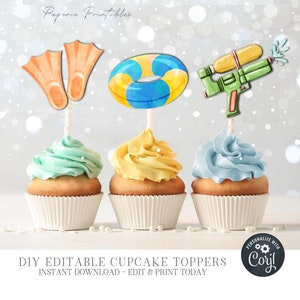 May include: DIY printable cupcake toppers featuring a blue and yellow inflatable ring, orange flippers, and a green and yellow water gun. The toppers are on top of cupcakes with blue, yellow, and green frosting.