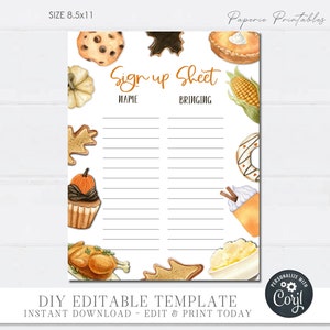 Thanksgiving Potluck Sign Up Sheet: Editable DIY Form (Digital Download)