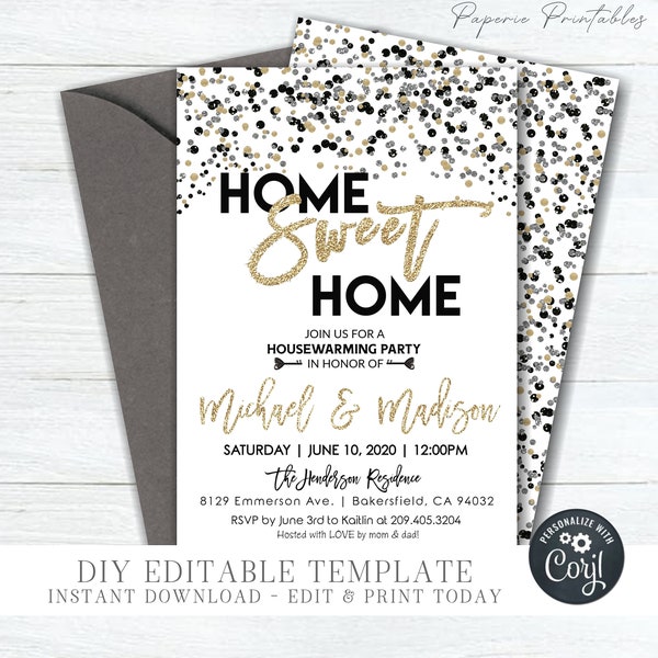 EDITABLE Housewarming Party Invitation - Elegant Housewarming Party Template - Glitter Housewarming Invitation - DIY Corjl - #HW08 - 5"x7"