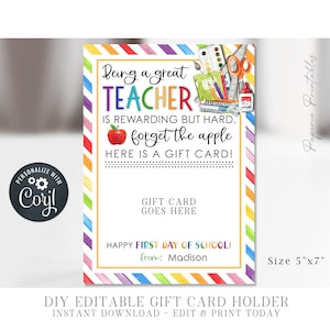 EDITABLE First day of School Teacher Gift Card Holder, Teacher 1st day of School Gift Card Holder, Teacher Gift Card Holder, Corjl - #STG43