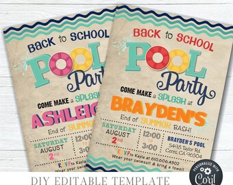 Editable Back to School Pool Party Invitation (DIY Corjl Template) #SO11
