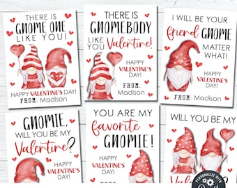 EDITABLE Gnome Valentine Cards, Kid Valentine Cards, School Valentine Tags, Printable Valentines, Gnome Printbles, DIY with Corjl - #VT67
