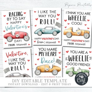 EDITABLE Race Car Valentine Cards, Kid Valentine Cards, School Valentine Tag, Printable Valentines, Race Car Printbles, DIY with Corjl #VT71