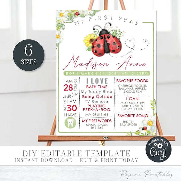 EDITABLE Ladybug Birthday Milestone Poster, Ladybug Birthday Stats Sign, Little Lady First Birthday Milestone Poster, DIY Corjl - #BP118