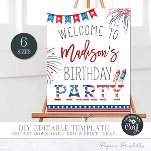 Editable 4th of July Birthday Party Welcome Sign, 4th of July Party Decoration, Patriotic Sign Template, DIY with Corjl - #BP89 #BP91 #BP92